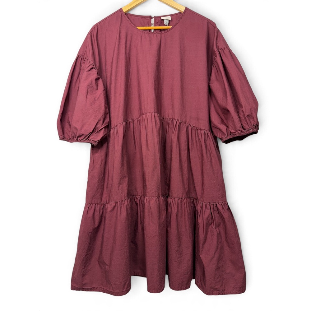 A New Day Burgundy Tiered Babydoll Mini Dress Puff Sleeve XL Pockets